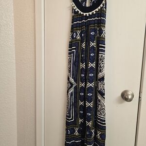 Navy Blue Printed Maxi Dress with Pom Trim